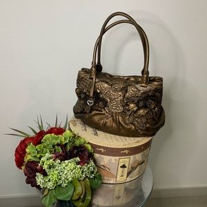 BRIGHTON MASTERPIECE COLL BRONZE BROWN FLORAL MULTI POCKET HANDBAG